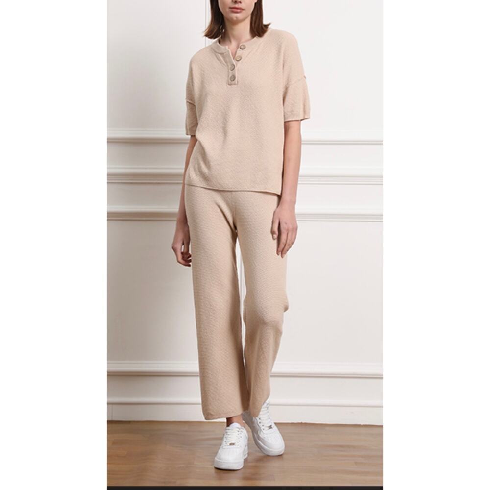 Lillusory Beige Knit Two-Piece Lounge Set Henley Top & Pants Women’s Size XL